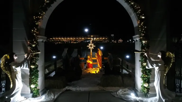 A manger beneath Marywood's Memorial Arch greets visitors throughout the season