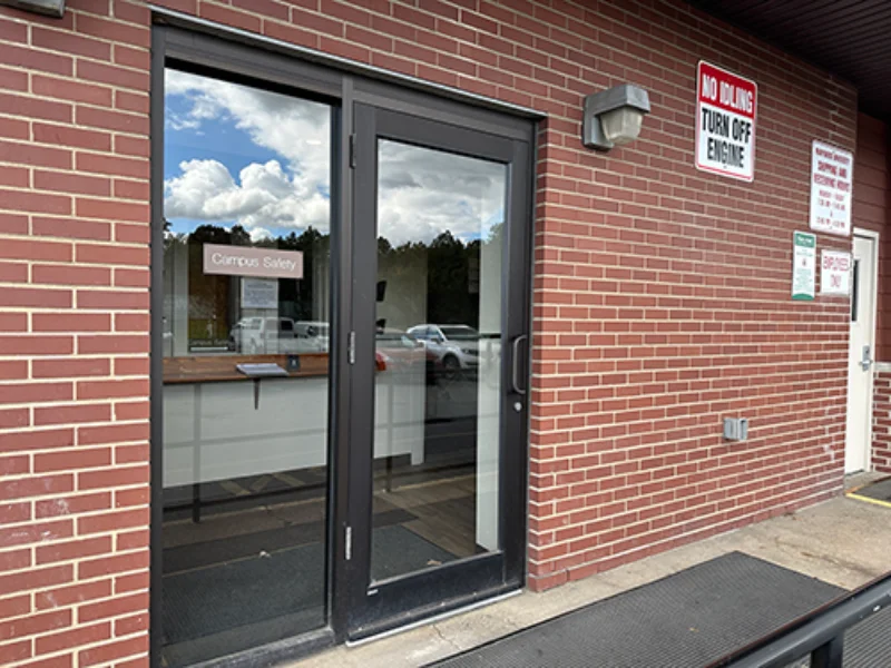 The glass doors to Marywood's campus safety office