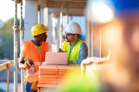 two guys on construction site talking to eachother Building Blocks: Requirements for a Construction Management Degree