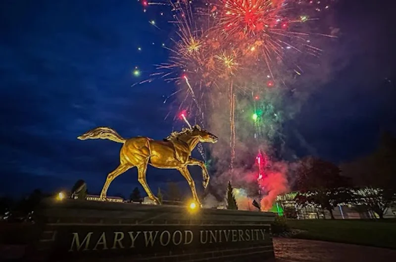 Brass statue of a horse against an evening sky and fireworks exploding in the background Marywood University Surges 16 Places in 2027 U.S. News Rankings Amid Record Enrollment