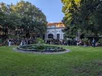 people gathered in gardens with fountain Marywood University Opens New Era of Global, Immersive Learning In Florence, Italy