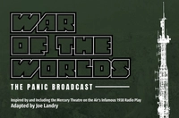 dark green promotional poster with the words War of the Worlds: The Panic Broadcast featuring a radio tower sketch Marywood to Present War of the Worlds-The Panic Broadcast from October 22-25