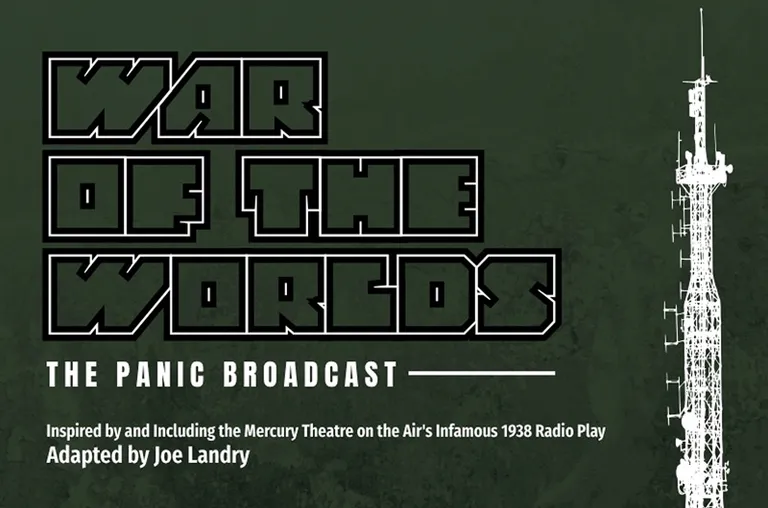 dark green promotional poster with the words War of the Worlds: The Panic Broadcast featuring a radio tower sketch