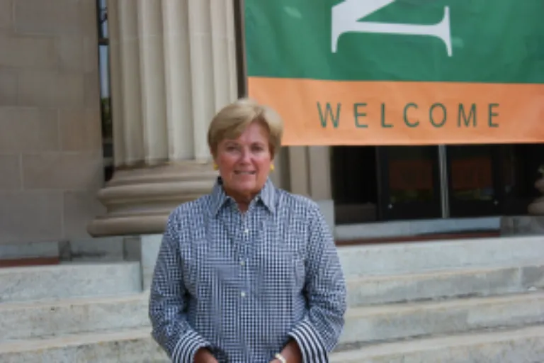 Elizabeth “Betty” Burns pictured in front of the Liberal Arts Center.