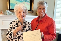 The 2023 Presidential Mission Medalist, Virginia Collins Shields '48, is pictured receiving a commemorative citation from Marywood University President Sister Mary Persico, IHM Major Benefactors Recognized at Presidential Society Dinner