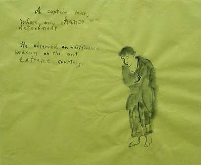 illustration of man in dark clothing on green paper