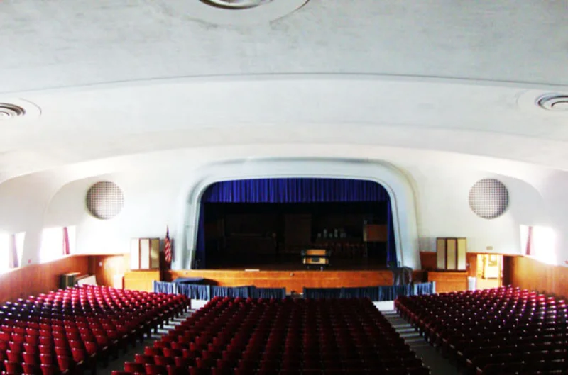 The Sette LaVerghetta Center Theater from the back, highlighting the seating and stage