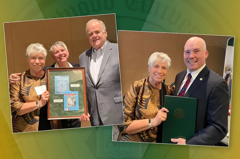 Sister Mary is pictured with several people celebrating her recent awards from the statewide organization AICUP.