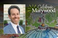 Man wearing a light blue coat, white shirt, and dark blue tie over an illustrated backdrop of the Marywood Rotunda and the Celebrate Marywood logo.