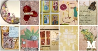 Collage of mixed-media artwork by Marywood students displayed at the Symposium