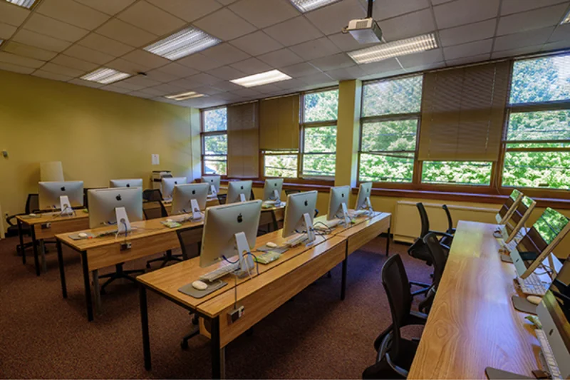 Rows of Mac computers in the Marywood performing arts center