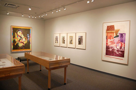 A room with local art exhibits