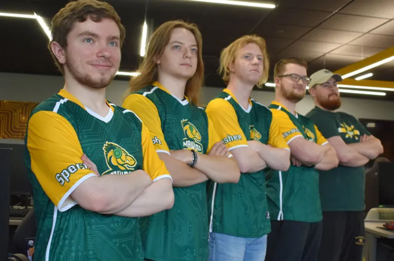 Pictured from left to right is the Marywood Esports Rocket League team, including Austin Gagnon, James Marsh, Jack Biggs, Jacob Lutsky, and James Cawley. Marywood has qualified for the top 8 teams in their division at the national level.