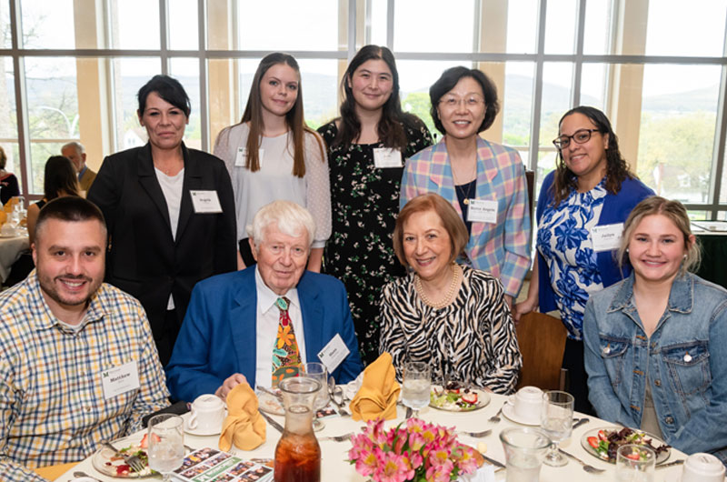 Pictured, left to right, front row: Matthew Beck, Hans and Toni Schierling, and Gabrielle Markiewicz. Back row: Angela Schiavo, Gabrielle Stauffer, Jade Shomper, Sister Angela Kim, IHM, and Jailyn Guzman. New Endowed and Annual Scholarships Announced