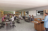 an architectural rendering of a physics science lab with students sitting at tables and a professor teaching from the podium