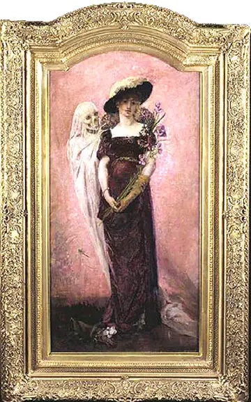 A piece of art with a lady in a dress being grabbed from her right by a skeleton