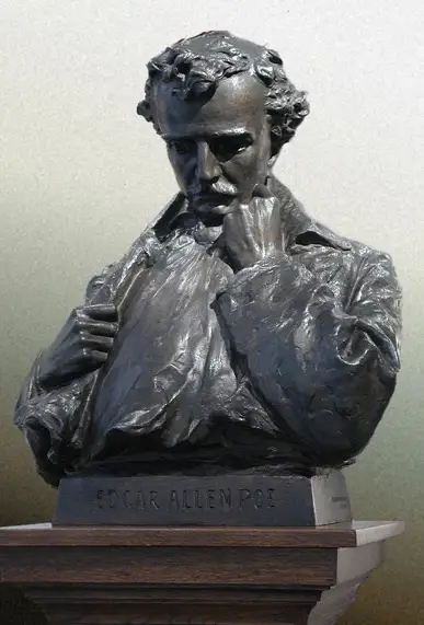 A sculpture of the upper body of Edgar Allen Poe