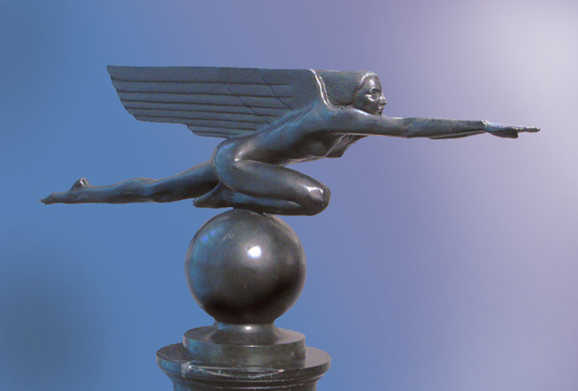 A winged woman flying over a sphere