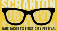 Observe Scranton 2021 Black Sunglasses on Yellow Postcard