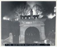 Motherhouse fire behind Marywood arch black & white archival photo Commemorating the Motherhouse Landmark with Prayer, Music, and History