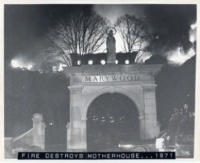 Motherhouse fire behind Marywood arch black & white archival photo