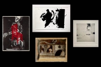Art featured in the exhibit “On Entropy: Selections from The Maslow Collection on Creation and Loss” at Marywood University includes work, clockwise from left, by artists Robert Cumming, Robert Motherwell, Ellen Phelan, and  Denny Moers.