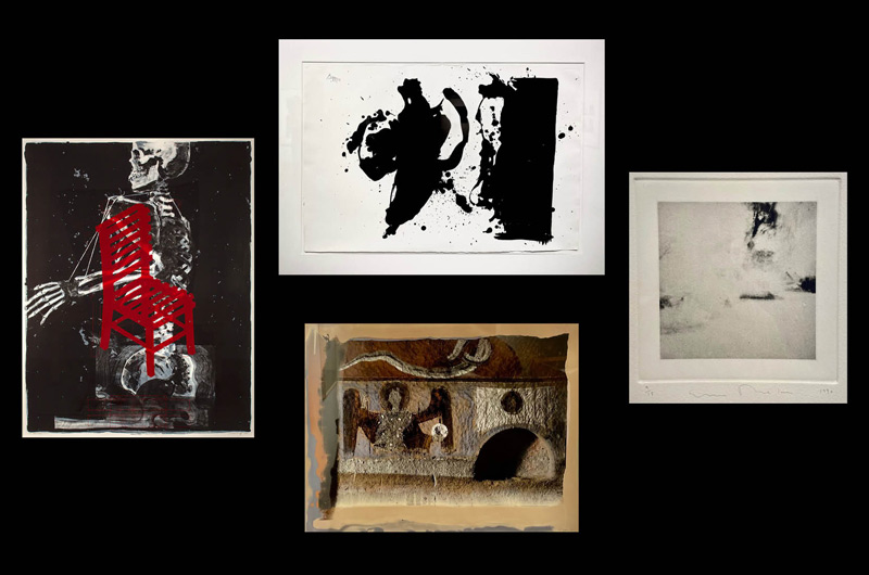 Art featured in the exhibit “On Entropy: Selections from The Maslow Collection on Creation and Loss” at Marywood University includes work, clockwise from left, by artists Robert Cumming, Robert Motherwell, Ellen Phelan, and  Denny Moers. On Entropy: Selections from The Maslow Collection on Creation and Loss