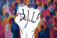 A graphic of a fist raised in solidarity is shown against a background of many different people. Advocacy and Social Justice Day on Campus