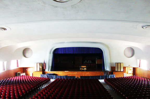 The Sette LaVerghetta Center Theater from the back, highlighting the seating and stage
