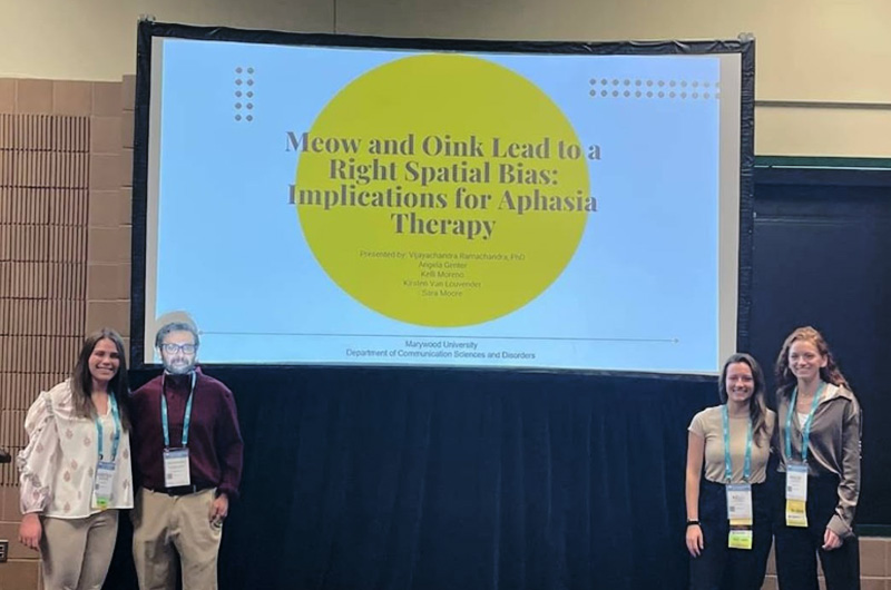 Pictured left to right are Marywood University research presenters, Kirsten Van Louvender, Moscow, PA; Dr. Vijayachandra Ramachandra, East Stroudsburg, PA; Kelli Moreno, Hebron, MD; and Angela Genter, Scranton, PA. Marywood Researchers Present at ASHA Convention