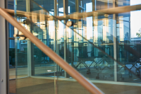 A side view of the central staircase in the Marywood Learning Commons