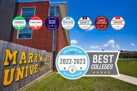 Campus photo with eight colleges of distinction badges overlayed