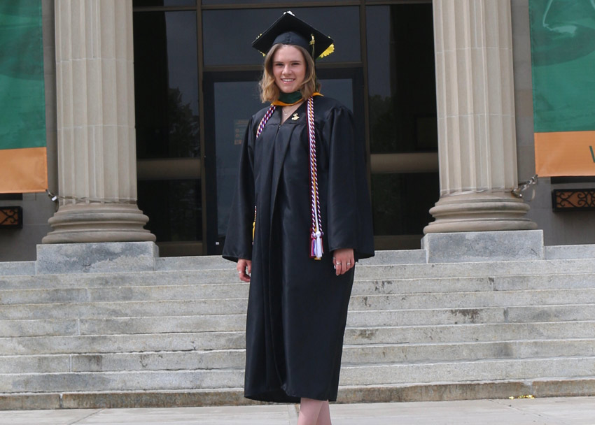 Abigail Lovatt in graduate attire on steps of the Marywood Liberal Arts Center Abigail Lovatt Earns Scholarship