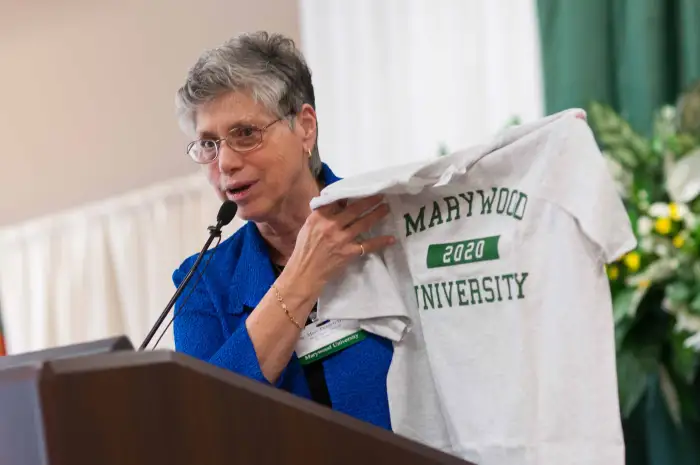 Sister Mary showing off a Marywood class of 2020 shirt